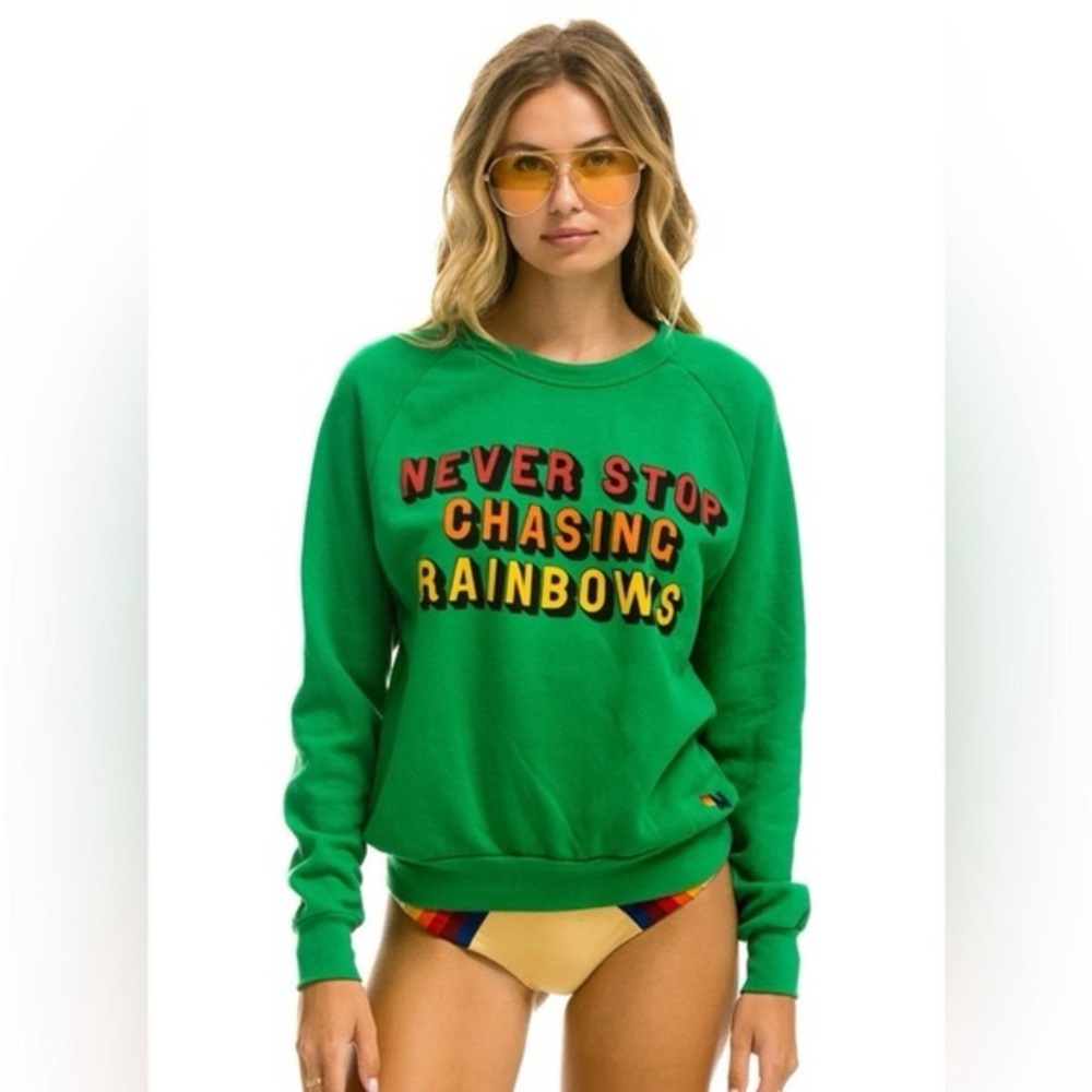 Aviator Nation Kelly Green Sweatshirt Never Stop Chasing Rainbows EUC